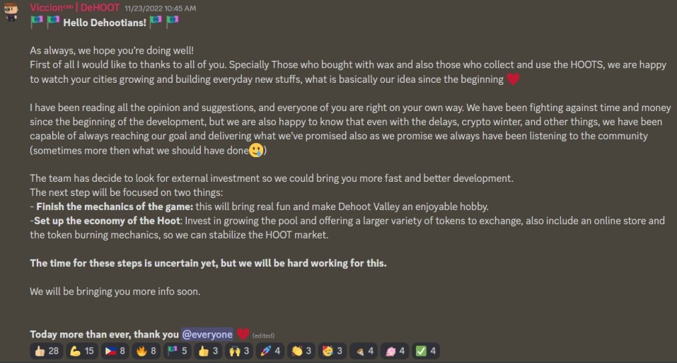 Notice from DeHoot project owners