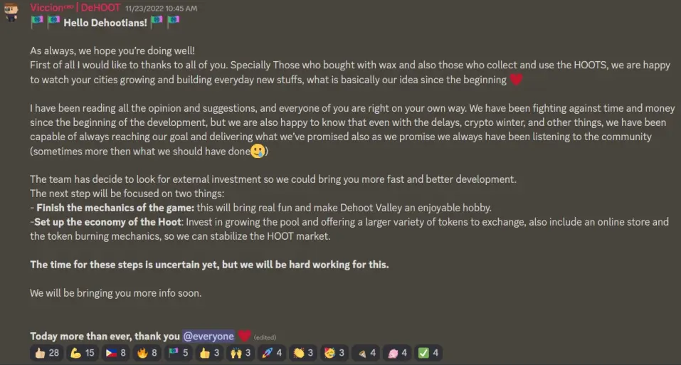 Notice from DeHoot project owners