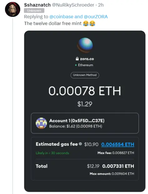Coinbase NFT gas fee tweet #1.