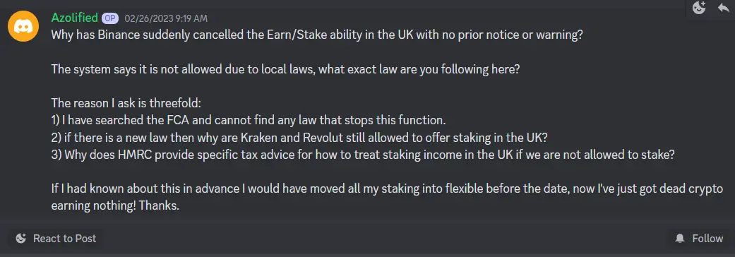 Earn message on Binance's Discord