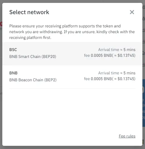 Binance withdrawal - select network