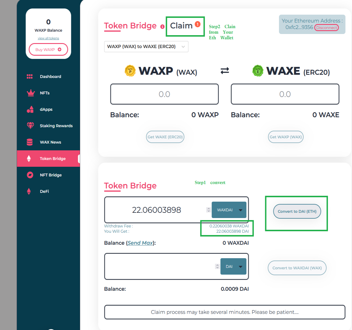The wax wallet Bridge with Low Fee (1%)