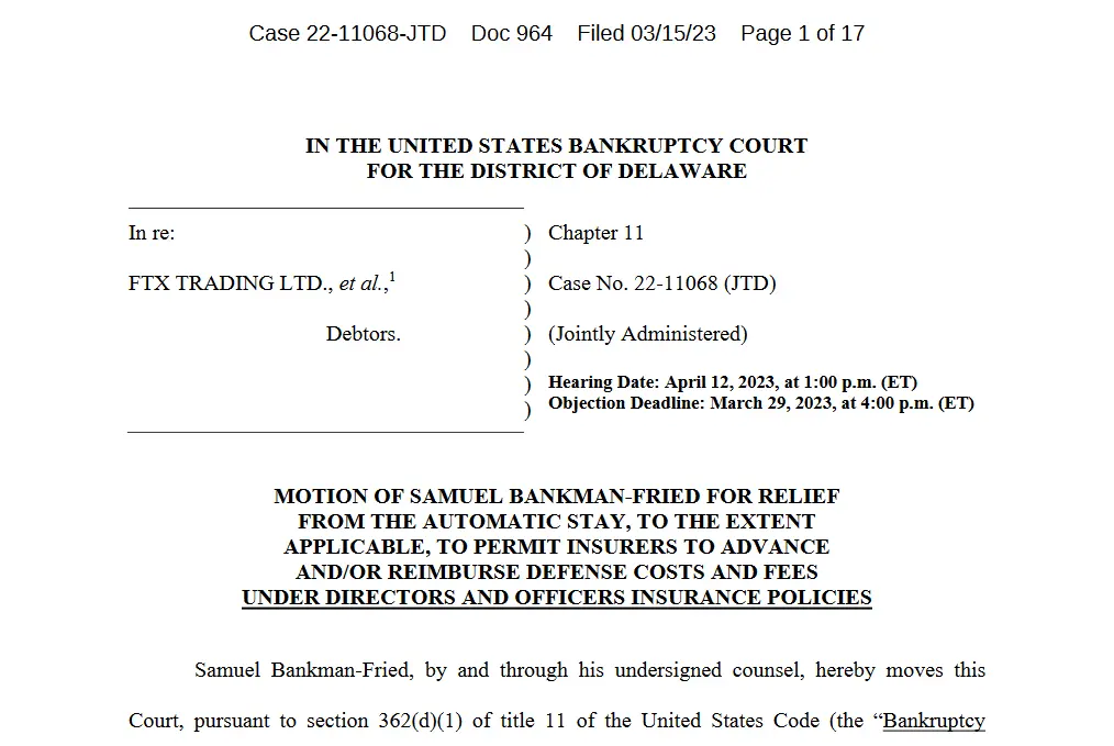 Excerpt from SBF's request to have its legal fees reimbursed to FTX's insurers. – Source: restructuring.ra.kroll.com/FTX