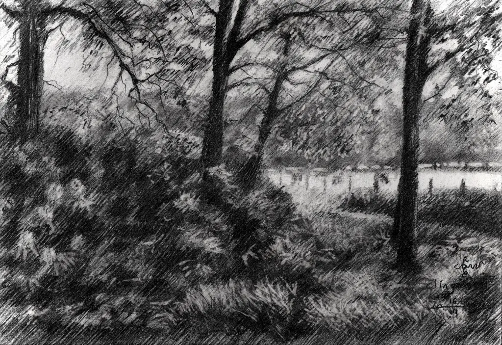 impressionist landscape graphite pencil drawing