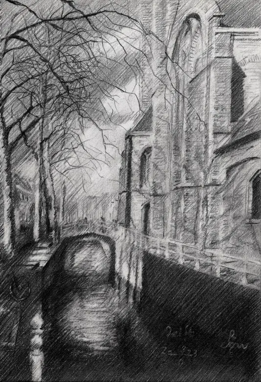 impressionist urban graphite pencil drawing