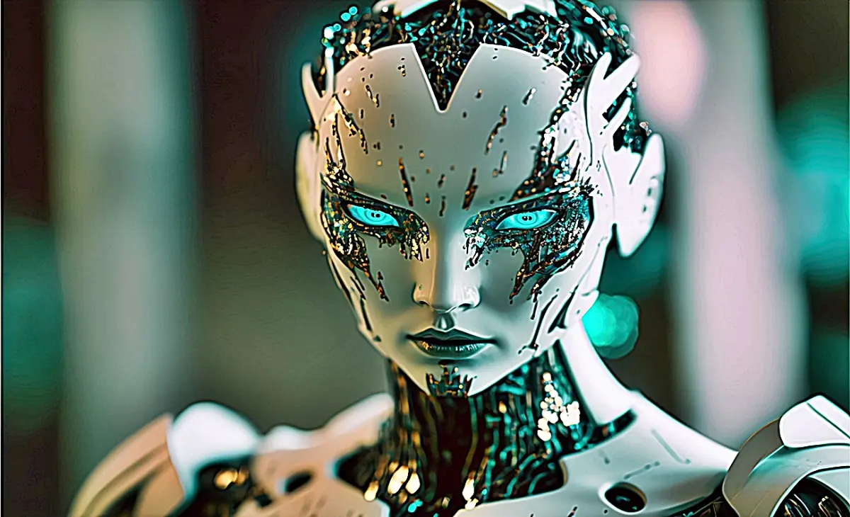 A human like android AI learning and growing, collecting data from servers with green neon glow. Generative ai.