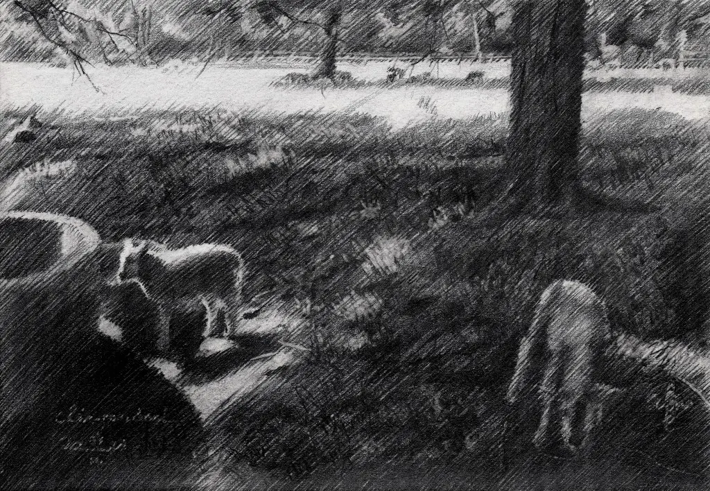 impressionist landscape with lambs graphite pencil drawing