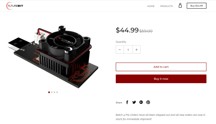 A screenshot of FutureBit's website selling the Moonlander USB miner