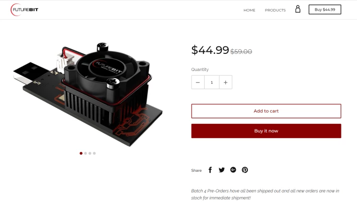 A screenshot of FutureBit's website selling the Moonlander USB miner