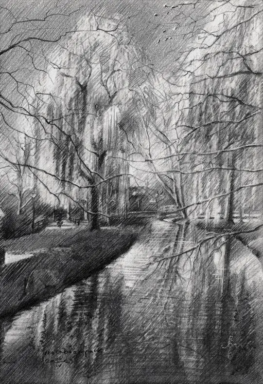 impressionist treescape graphite pencil drawing