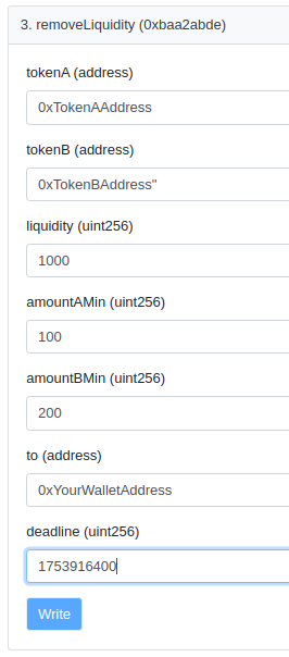 screenshot of the remove liquidity function