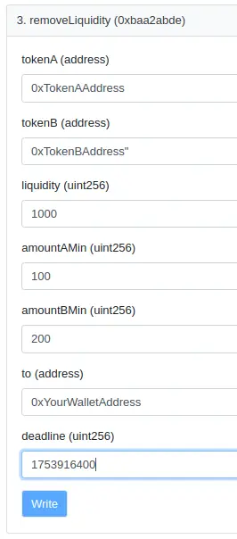 screenshot of the remove liquidity function