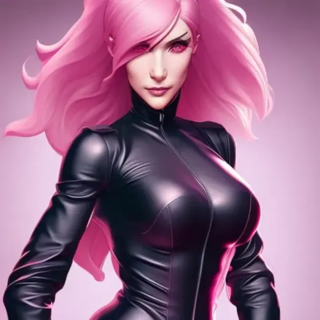Pink-haired woman in a black latex jumpsuit