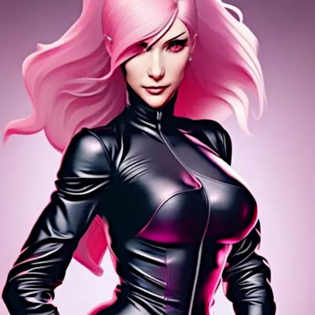 Pink-haired woman in a latex jumpsuit (artistic setting, without enhancement)
