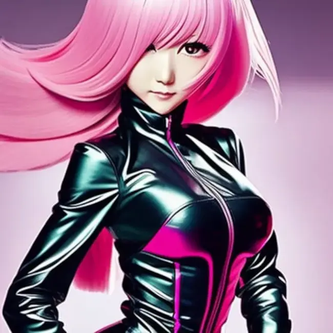Pink-haired woman in a latex jumpsuit (anime)