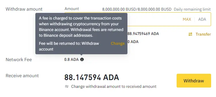 Binance Network Fee Tooltip