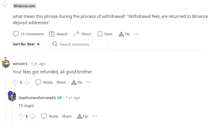 Reddit thread on Binance fee