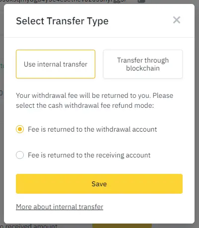 Select Transfer Type on Binance