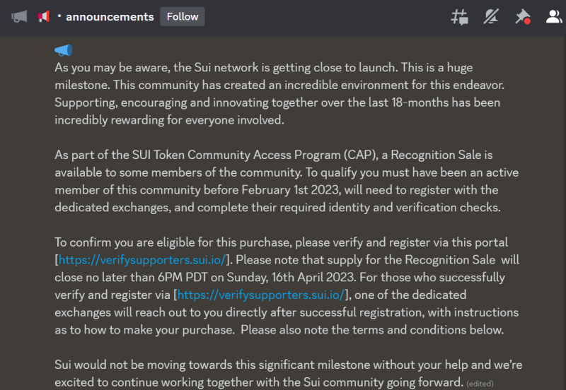 Sui Network Community Access Program requirements as posted in Discord.