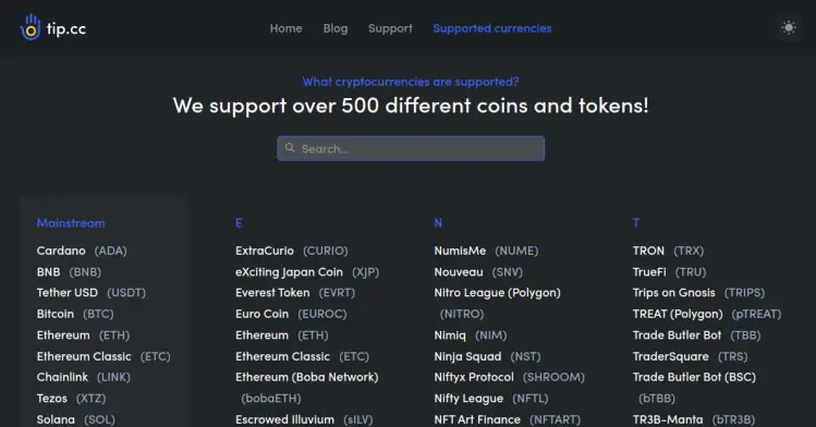 tip.cc supported coins