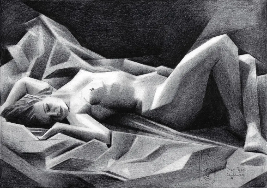 cubist nude graphite pencil drawing