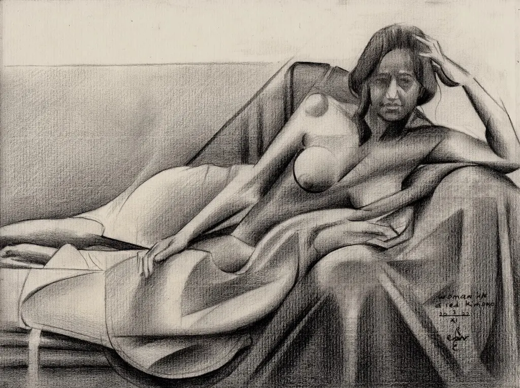 cubist nude graphite pencil drawing