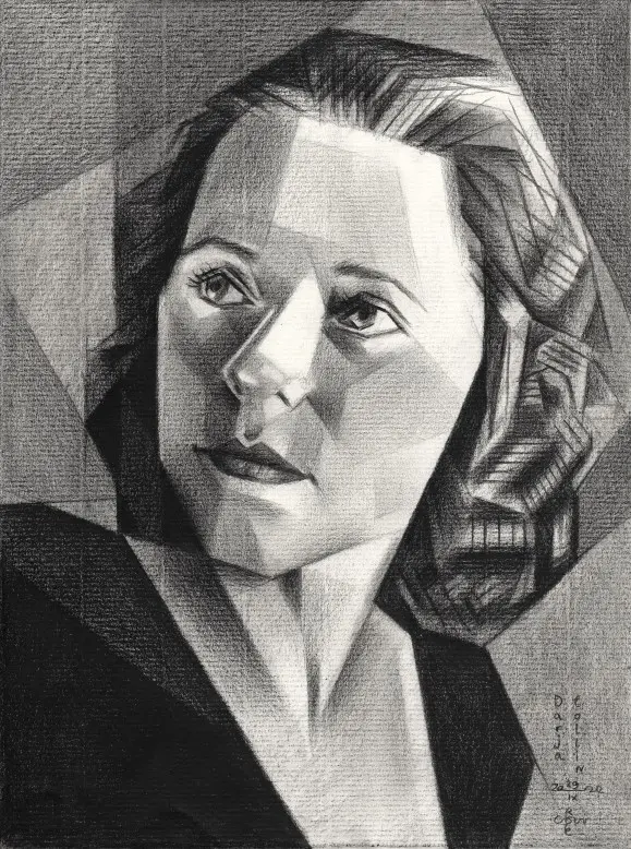 art deco cubist celebrity portrait graphite pencil drawing
