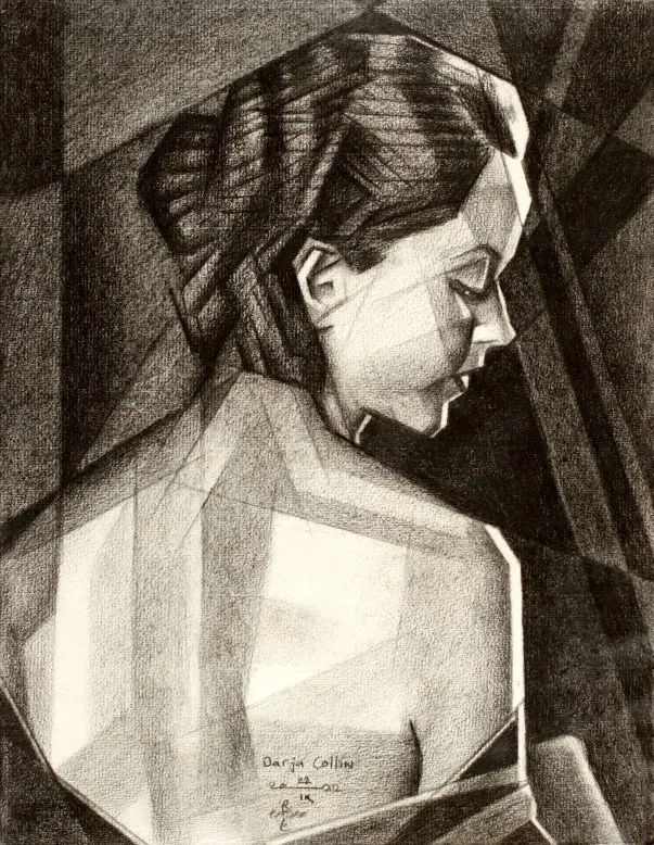 cubist art deco portrait graphite pencil drawing