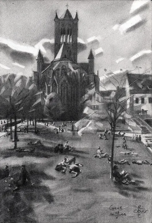 cubist cityscape graphite pencil drawing