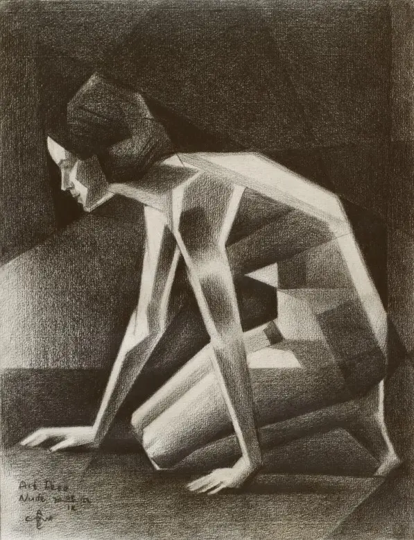 cubist art deco nude graphite pencil drawing