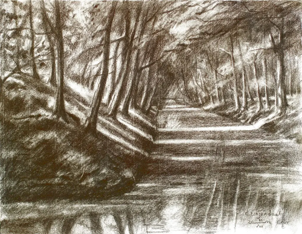 impressionist landscape graphite pencil drawing