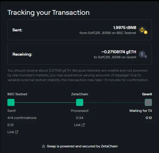 Example of swaps between testnets