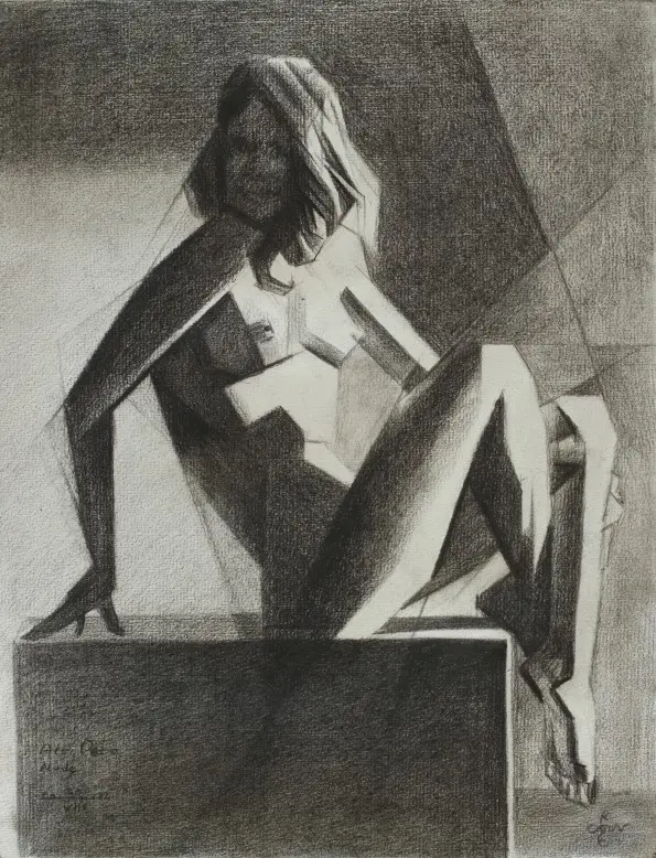 cubist art deco nude graphite pencil drawing