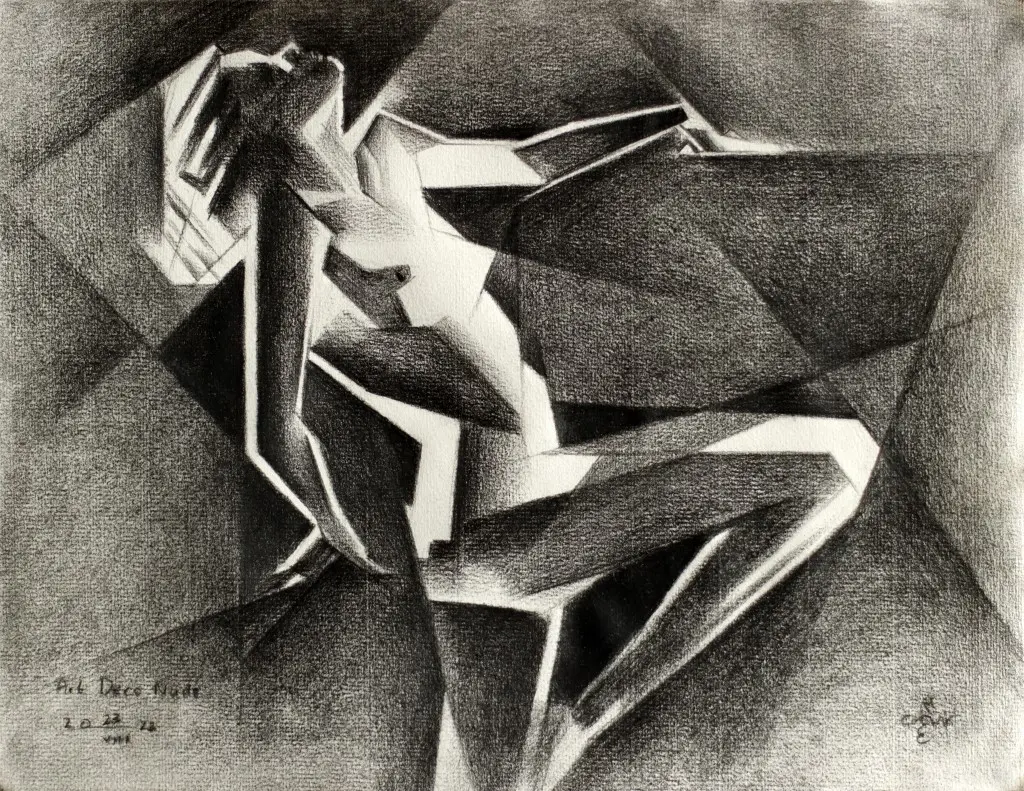 cubist art deco nude graphite pencil drawing