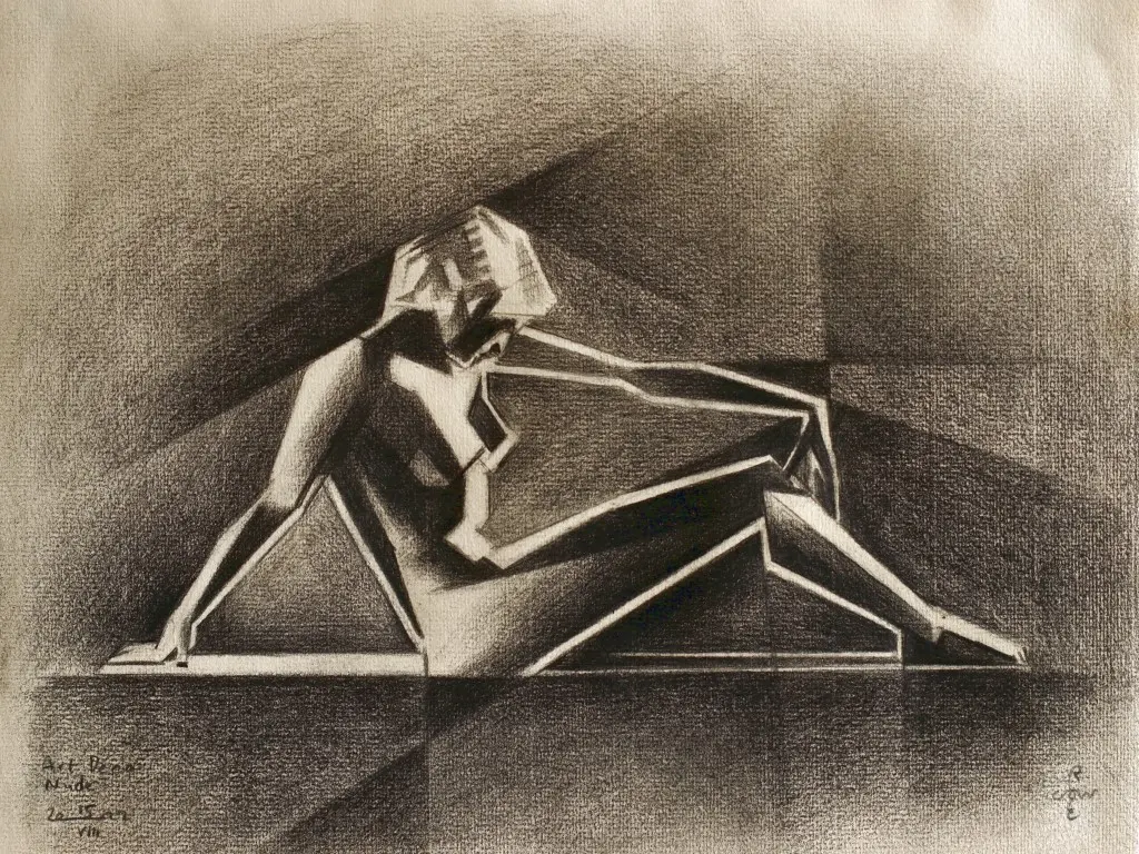 cubist art deco nude grapite pencil drawing