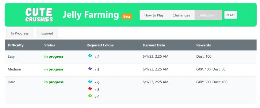The Challenges tab shows you currently available combinations of Dream Bits to use for rewards
