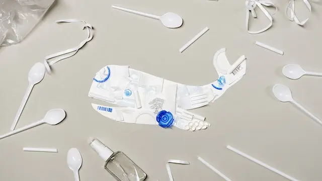 A whale drawn on paper, surrounded by elements made of plastic material.