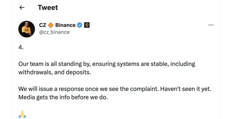 reaction from CZ Binance