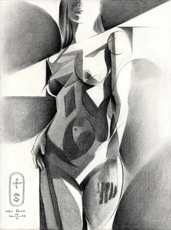 cubist art deco nude graphite pencil drawing