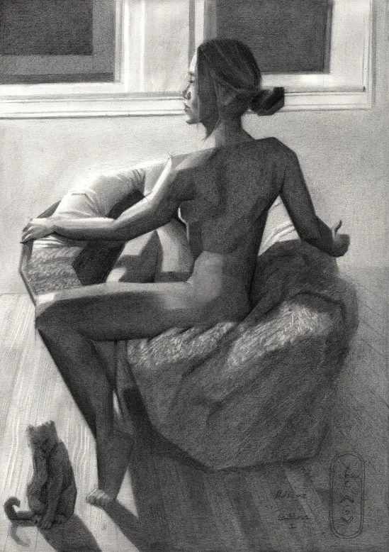 cubist nude graphite pencil drawing