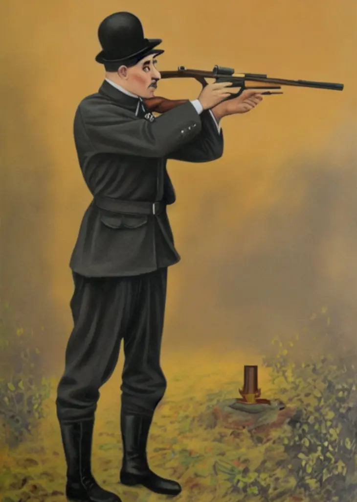 Charlie Chaplin as Adolf Hitler, firing a rifle at trees