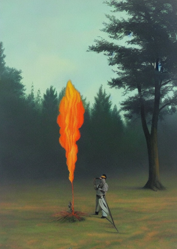 Surrealist painting of Adolf Hitler setting fire to trees