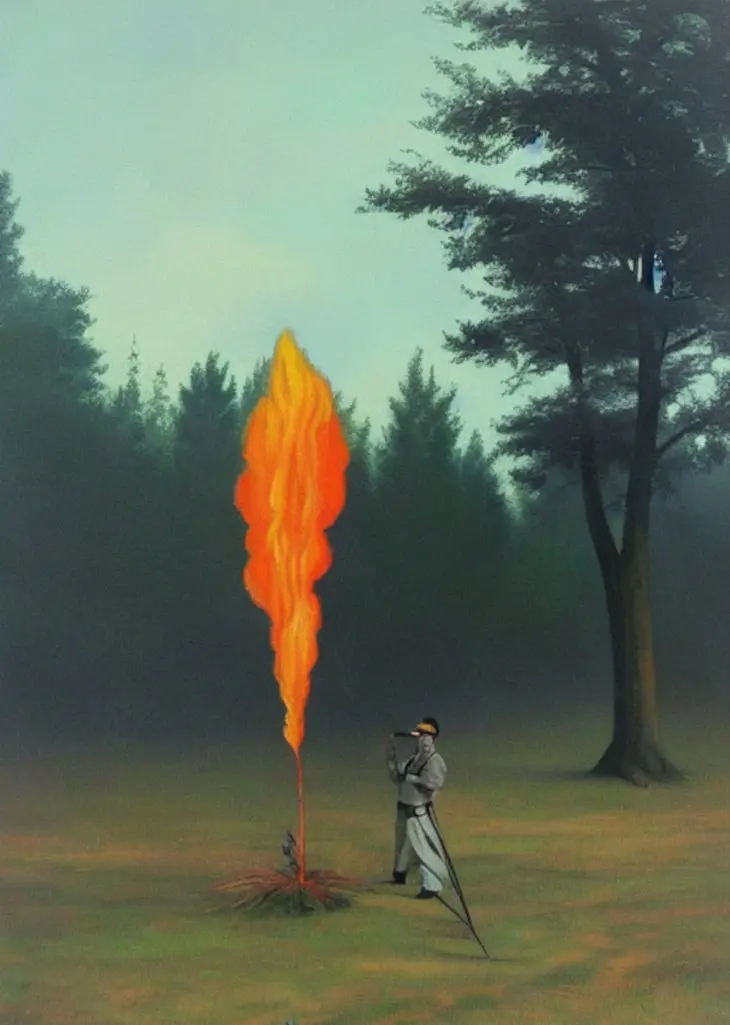 Surrealist painting of Adolf Hitler setting fire to trees