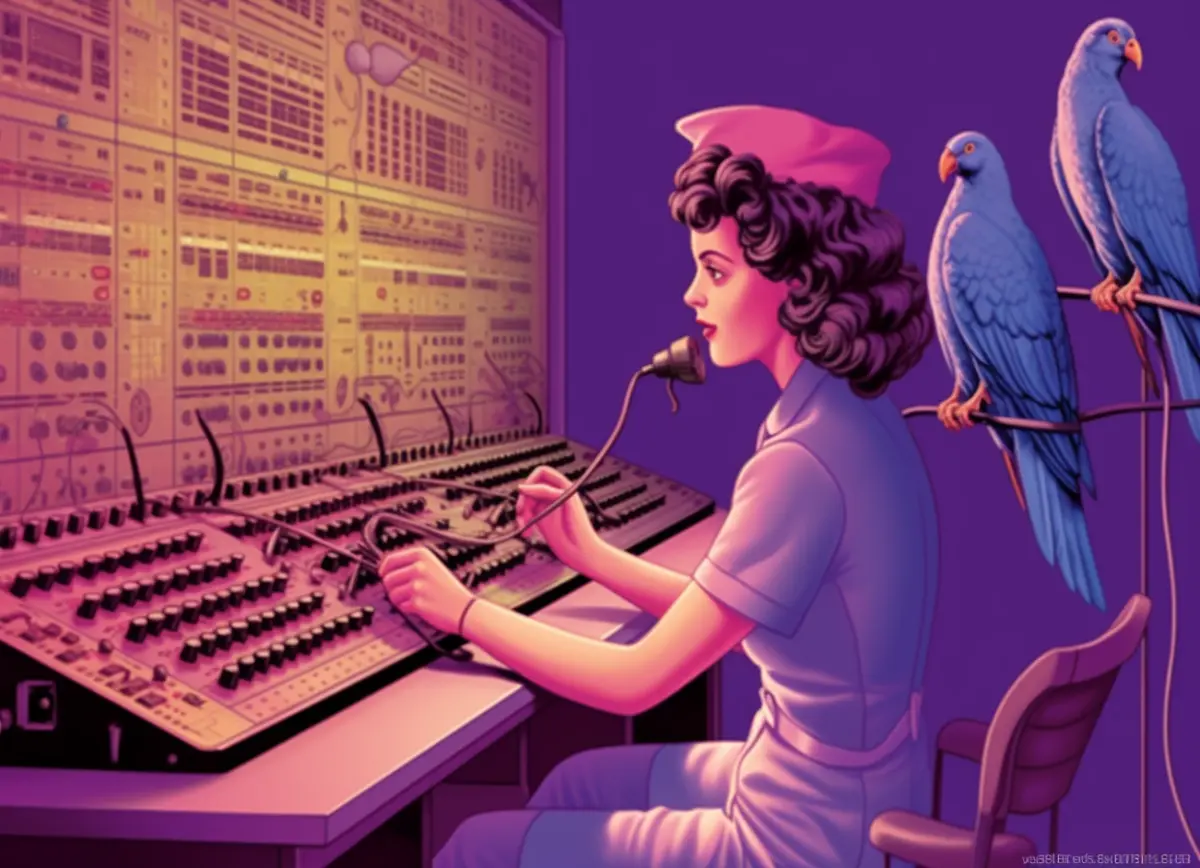 A vintage telephone switchboard connector and two purple parrots