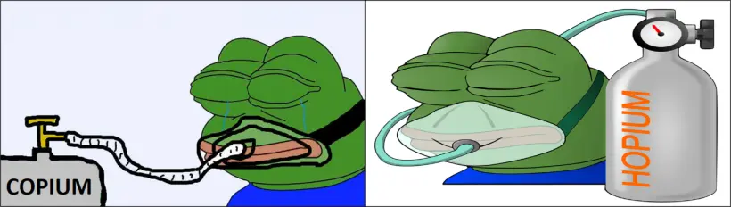 The copium/hopium meme usually involves a Pepe frog puffing on a canister