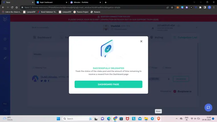 Confirmation of successfully delegated Cardano tokens