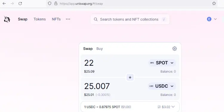 Converting SPOT to USDC in Uniswap