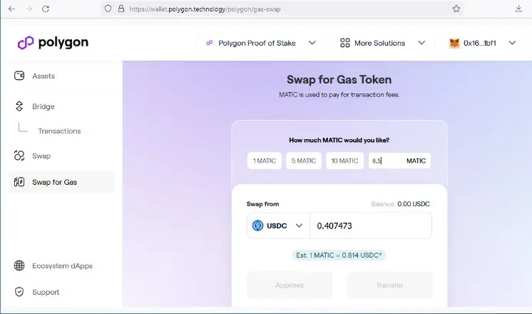 Swapping For Gas Token in Polygon Website
