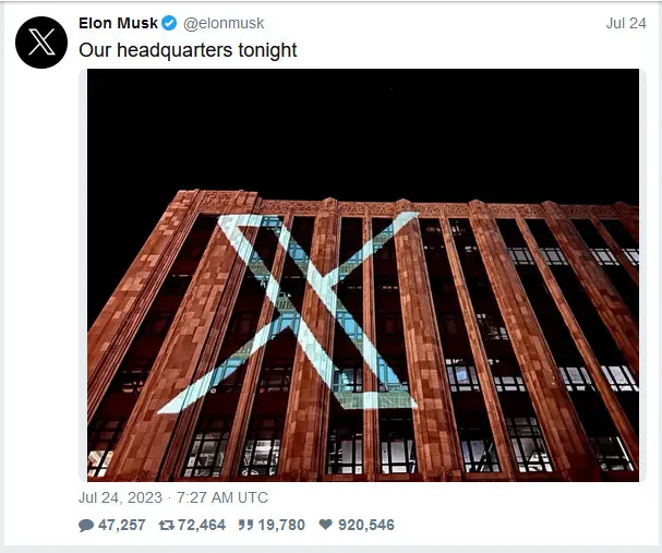 Elon Musk Tweeting on Headquarters being X