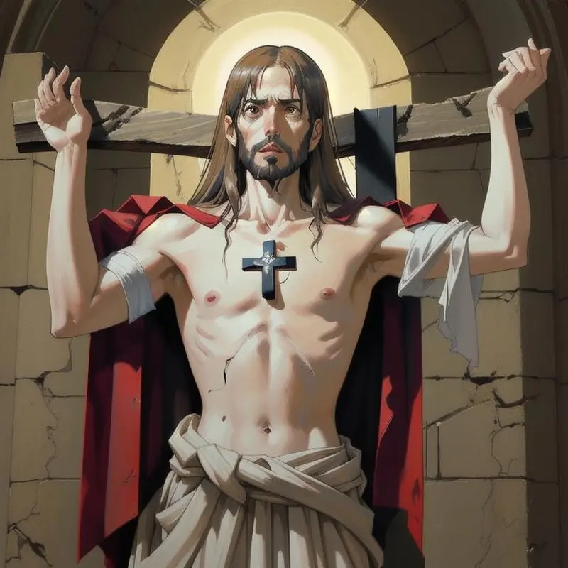 Andrew Tate as Jeshua Ibn Mariam AKA Jesus Christ on a cross